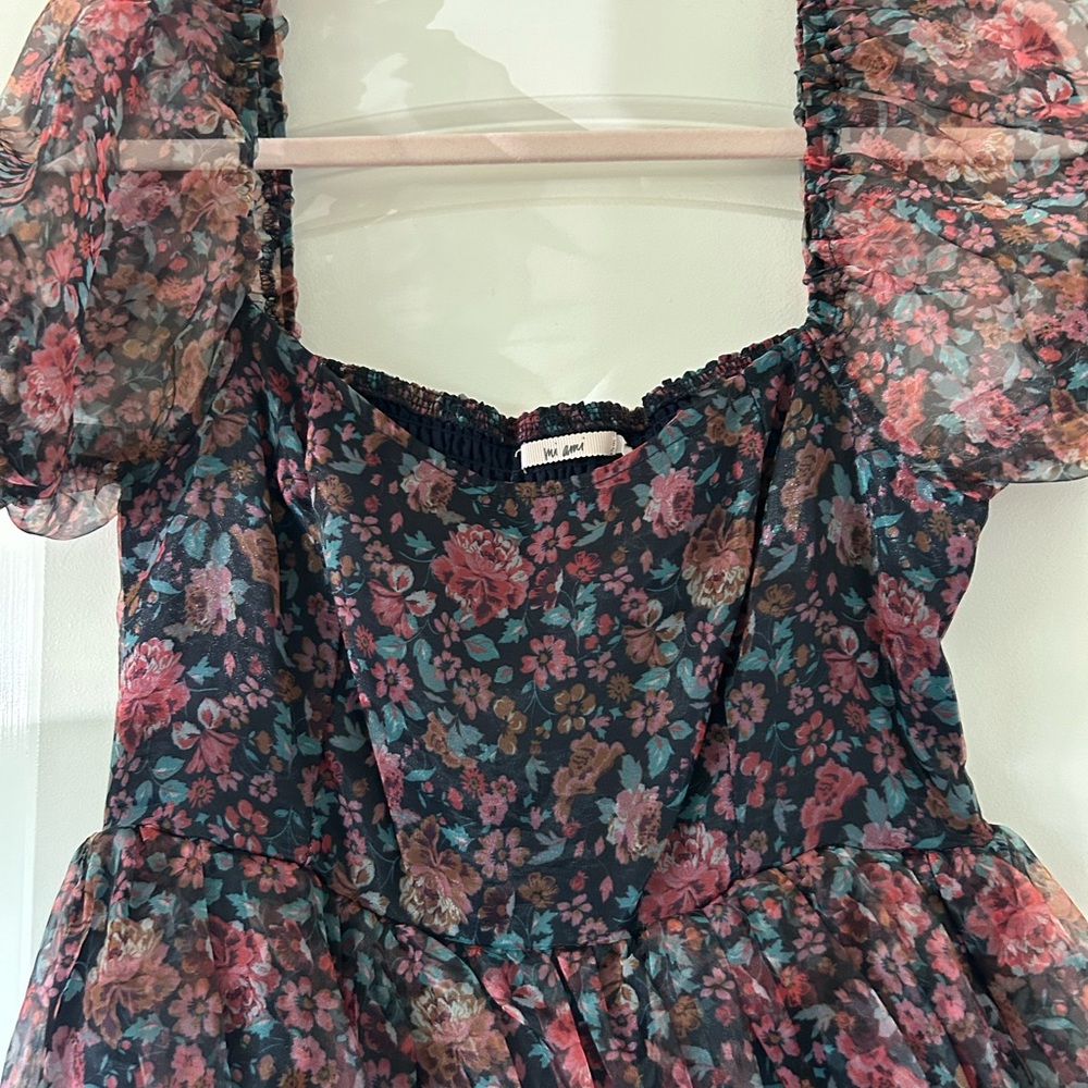 Floral Puff Sleeve Dress in Dark Tones